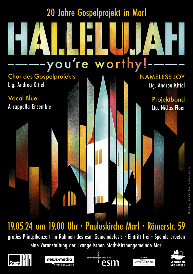 20 Jahre Gospelprojekt in Marl - Plakat mit einer stilisierten Pauluskirche