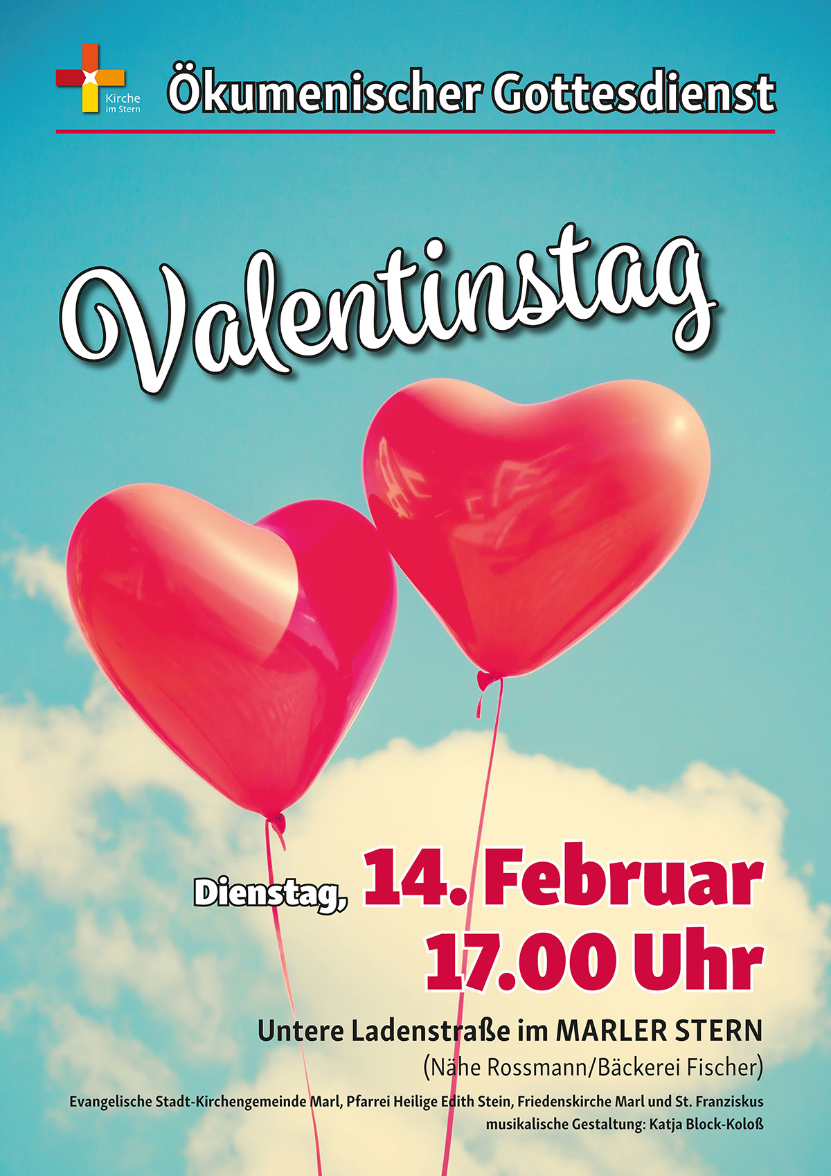 Bild mit Herzballons - und Schriftzug Valentinstag. Am 14.2.23 um 17.00 Uhrfindet ein Valentinsgottesdienst im Marler Stern statt.