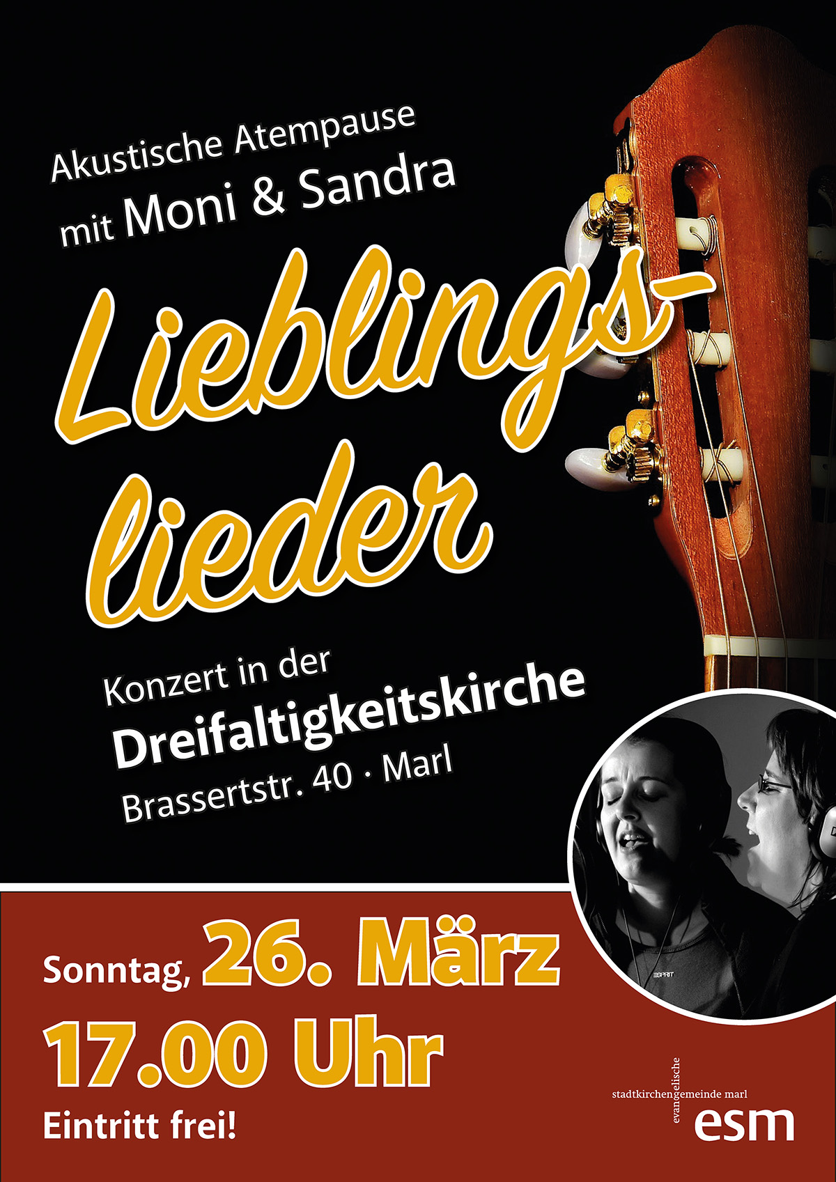 Plakat - Sandra und Moni laden zum Konzert am 26.03.23 17.00 Uhr in der Dreifaltigkeitskirche ein