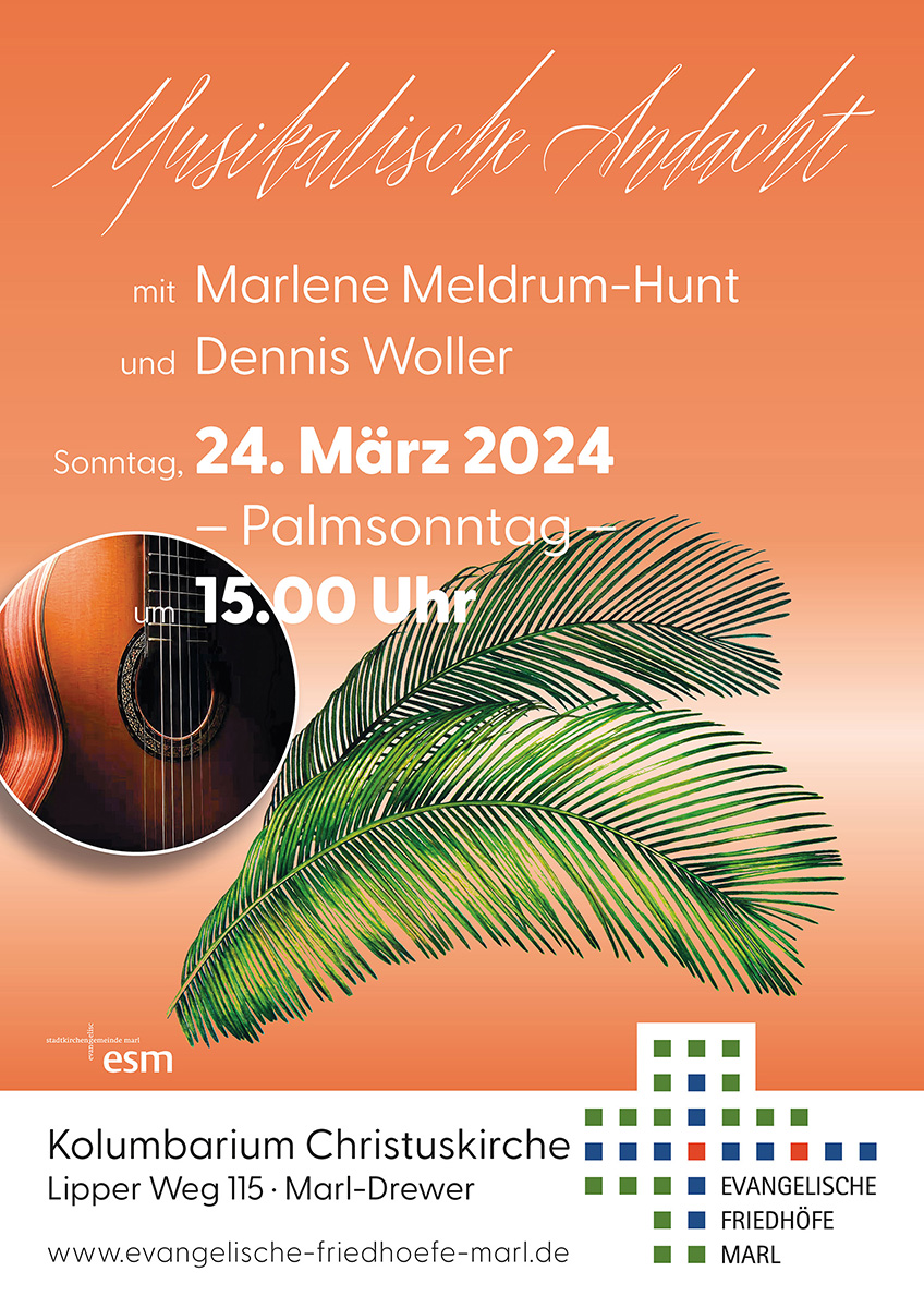 Konzertplakat mit einigen Palmwedeln als Einladung zum Konzert am 24.03.2024