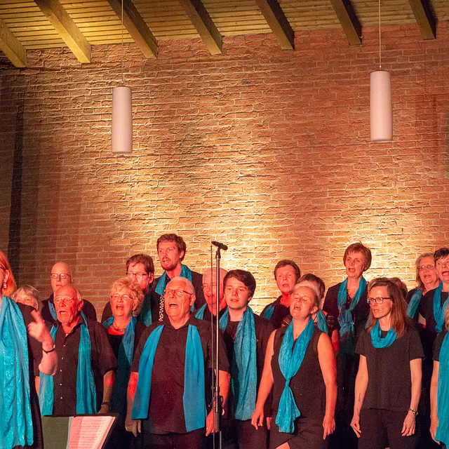  Gemischter Chor in Schwarz mit blauen Schals auf Bühne.