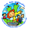 Zeichentrick-Kinder um Taufbecken, "Ich bin getauft!" Text.