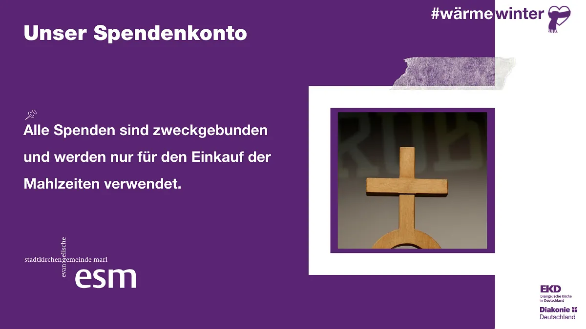 Deutsche „Wärmewinter“-Spendeninfo mit Holzkreuz-Bild.