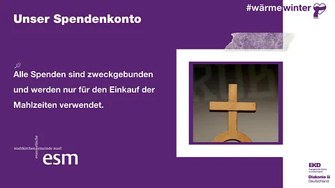 Informationsfolie mit Text "Unser Spendenkonto" und Holzkreuz.