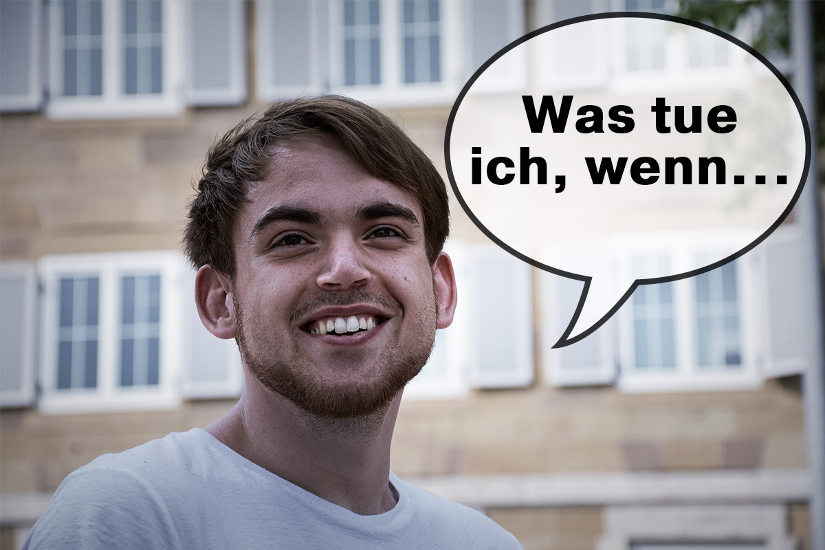 Lächelnder Mann mit Sprechblase, die fragt: 'Was tue ich, wenn...