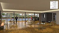 Modernes Restaurantinterieur mit Tischen, Personen, Flussblick.