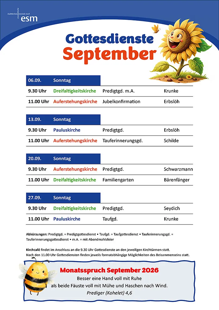 Gottesdienstplan für den Monat September 2026