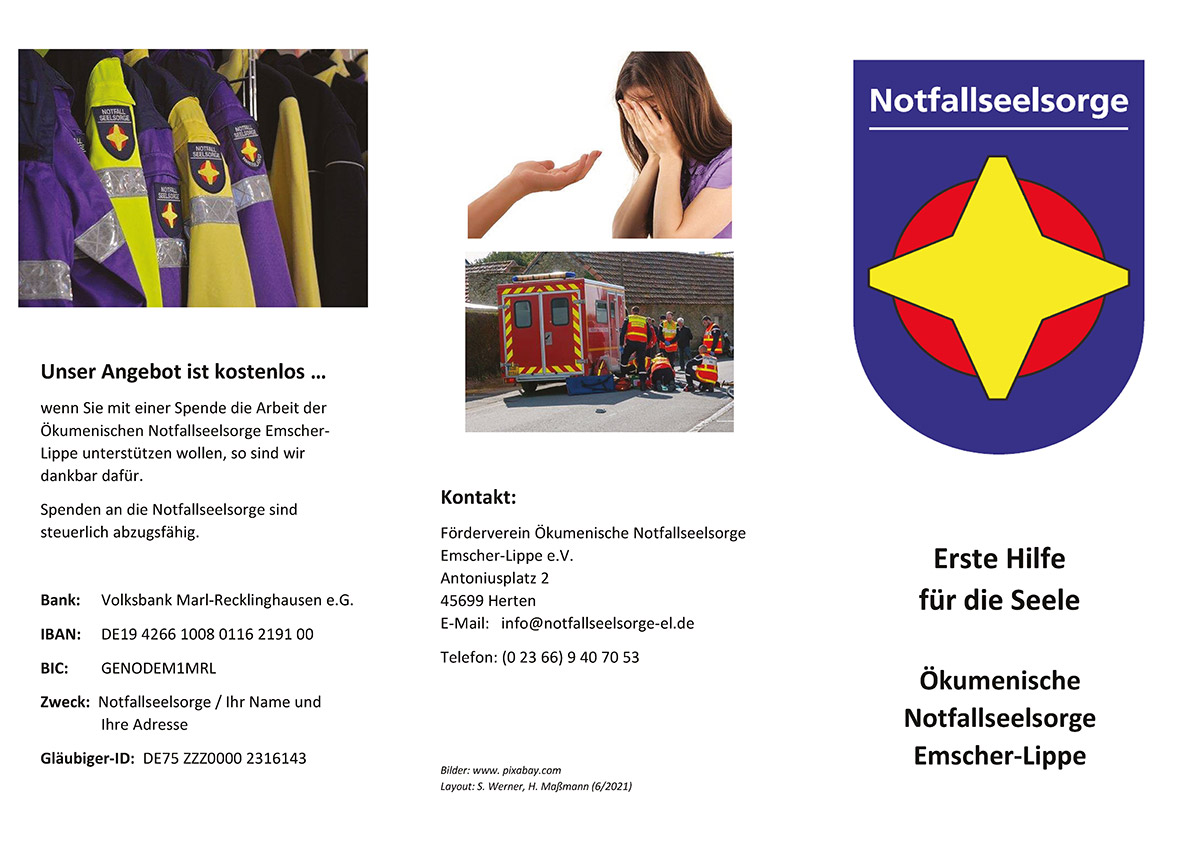 Informationsflyer für Notfallseelsorge, zeigt vielfältige Unterstützungsbilder.