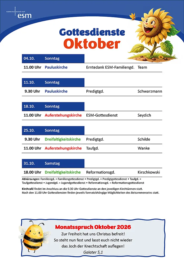 Gottesdienstplan für den Monat Oktober 2026
