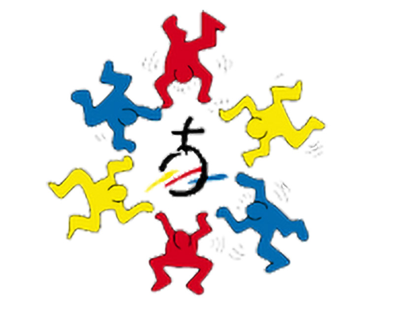 Keith Haring-Figuren in einem farbigen Kreis um ein Symbol.