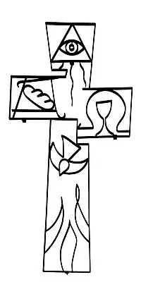 Christliches Kreuz mit Symbolen: Auge, Brot, Kelch, Taube, Flammen.