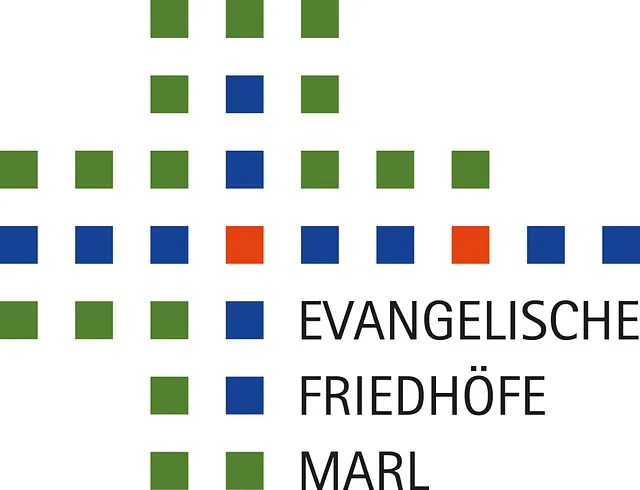 Ein Logo aus grünen, blauen und orangefarbenen Quadraten in Kreuzform.