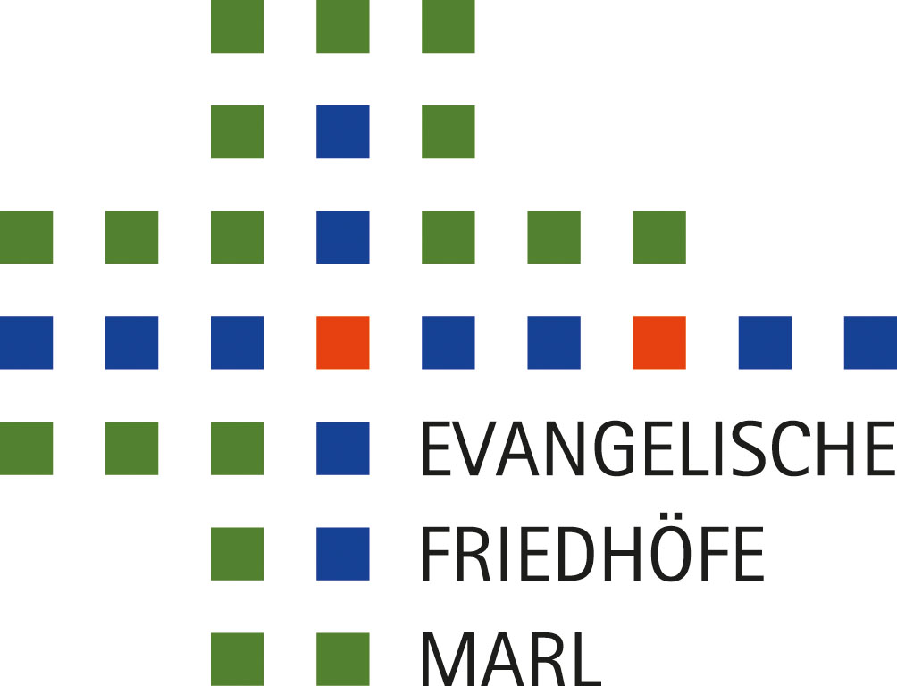 Logo "Evangelische Friedhöfe Marl" mit farbigen Quadraten.