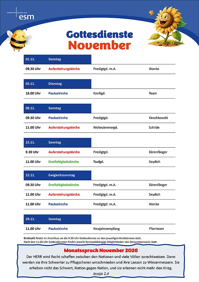 Gottesdienstplan für den Monat November