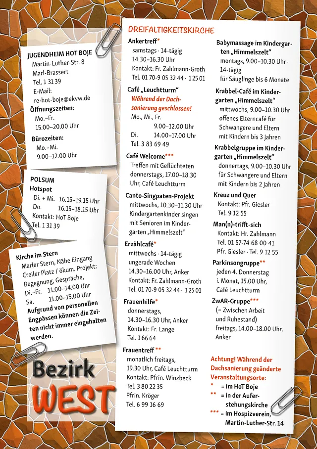 Deutsches Kirchenbrett mit Veranstaltungen, Kontakten, "Bezirk West."