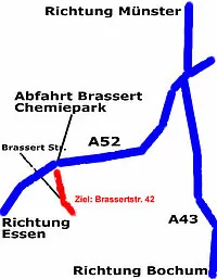 Eine vereinfachte Karte mit Straßen und einer hervorgehobenen Route.