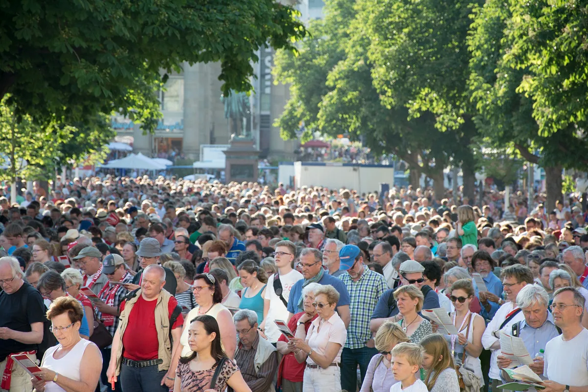 Große Menschenmenge versammelt sich draußen unter Bäumen, genießt Sonnentag.